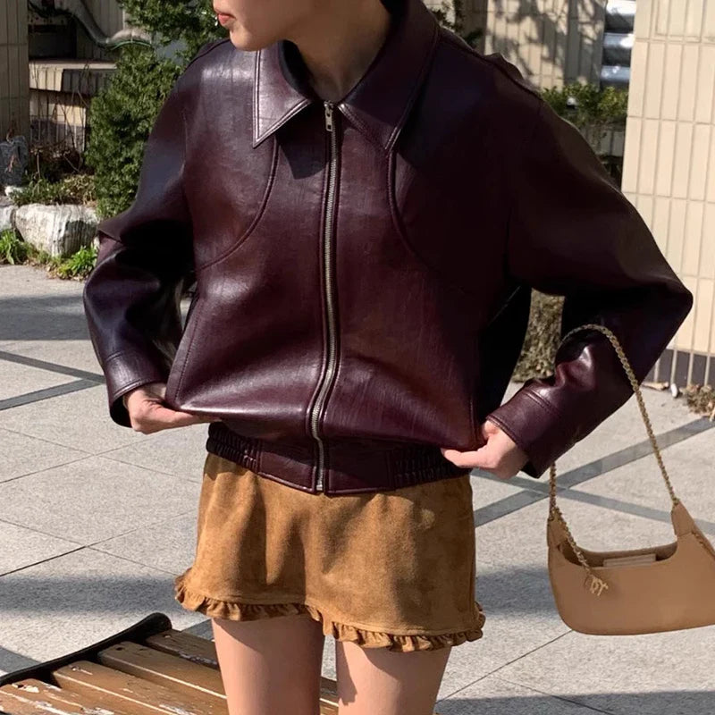 Chic Red Zipper Pu Leather Coat Coats-241208