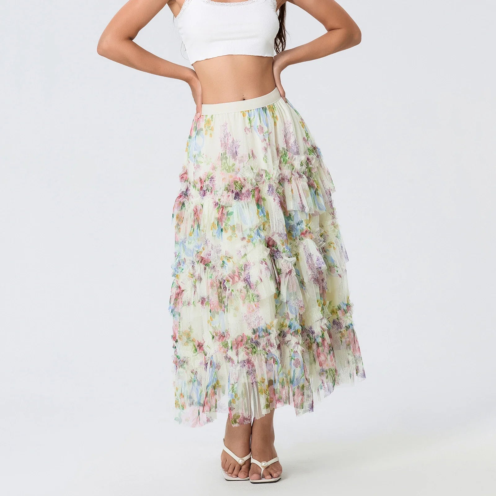 Early Fall Floral Print Ruffle Mesh Skirt Women A-line Midi skirt-250126
