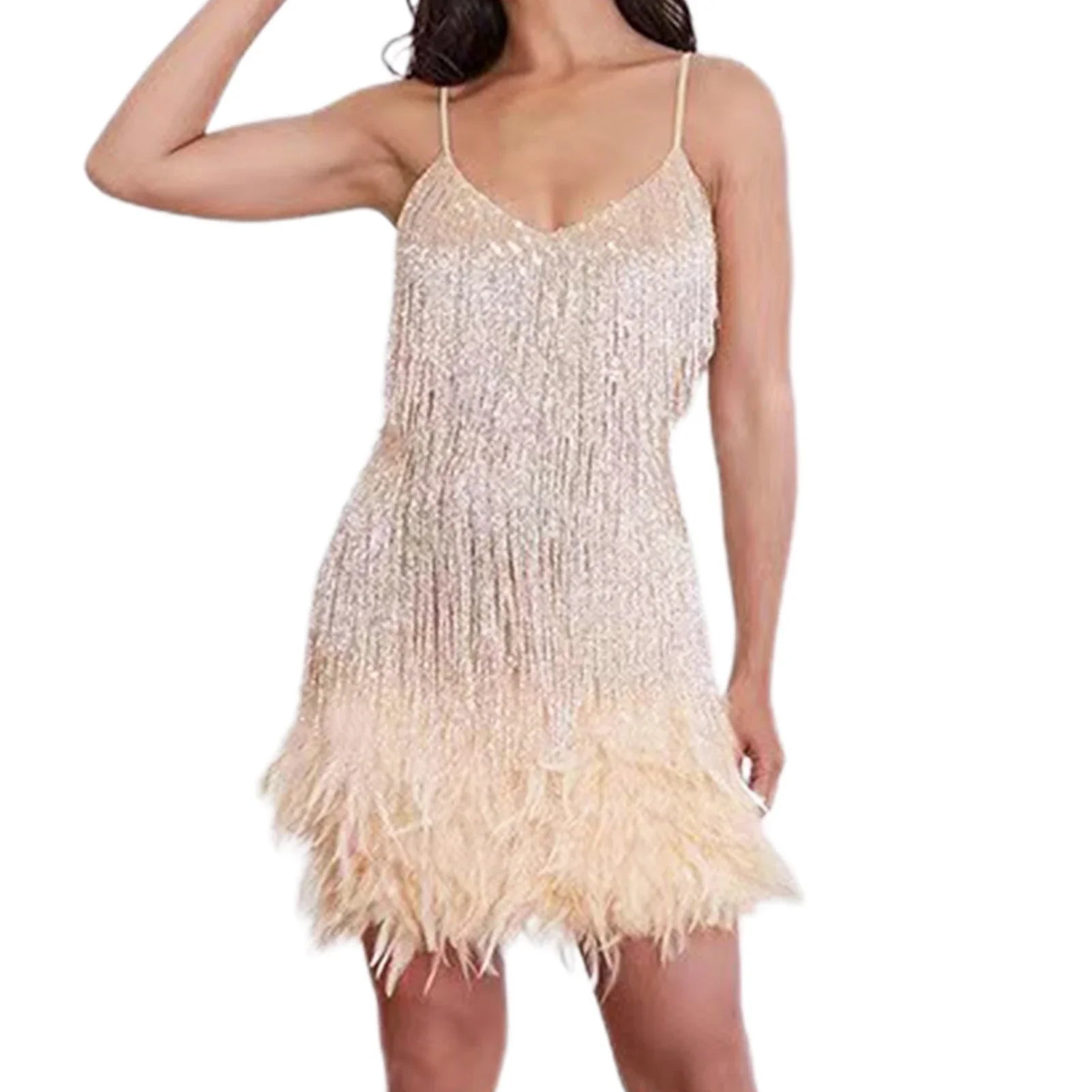 Feather Sequin Off-Shoulder Mini Party Dress Light Gold / S Partydress-241208