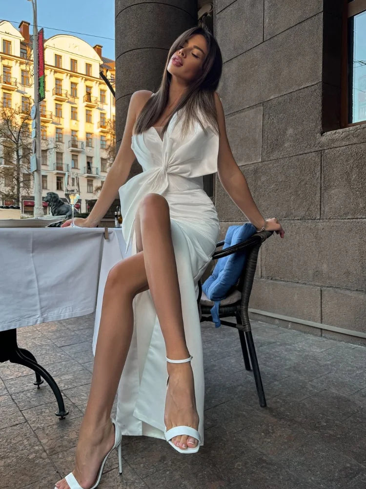 Elegant Large Bow Tie Sling High Slit Chic Off Christmas Party Dress Dresses-L