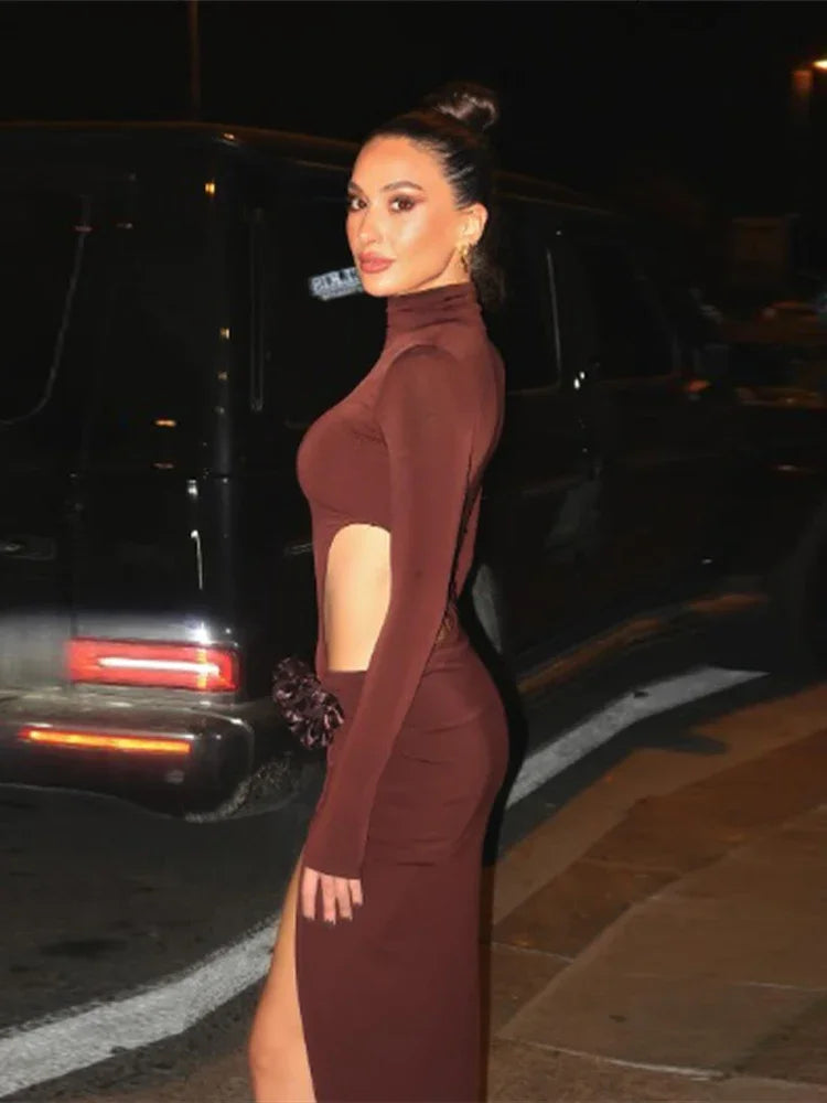 Mock Turtleneck Solid Long Sleeve Party Dress Partydress-241208