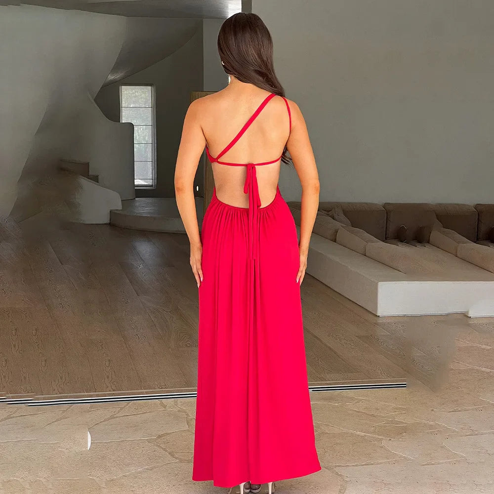 Elegant Red Backless Long Summer Sexy Off Shoulder Bodycon Maxi Christmas Party Dress Dresses-L