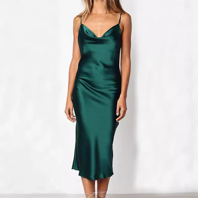 Elegant Satin Long Dresses Green Party Sexy Evening Backless Summer Christmas Dress Dresses-L