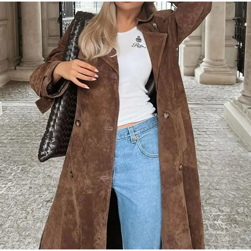 Suede Leather Chocolate Belted Overcoat