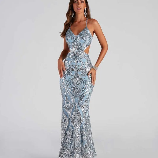 V-Neck Sequined Party Dress Partydress-241208
