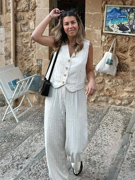 Ensemble de bureau deux pièces à rayures en coton et lin et jambes larges