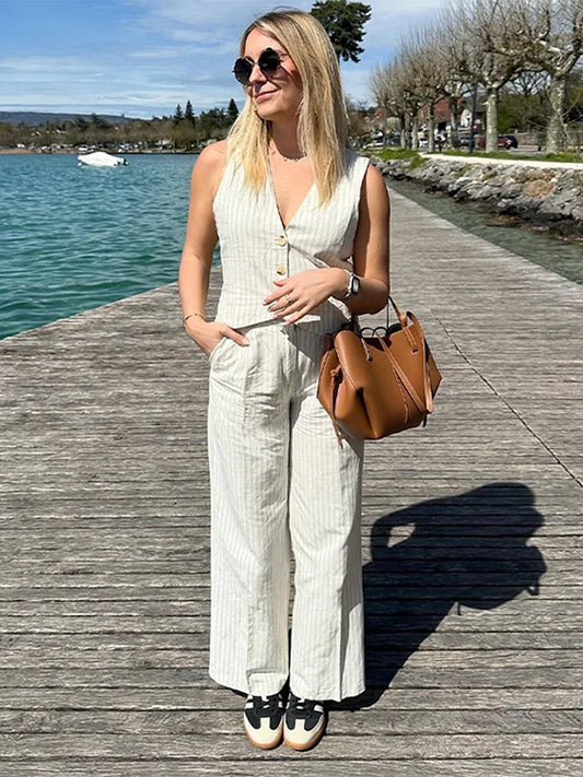 Ensemble de bureau deux pièces à rayures en coton et lin et jambes larges