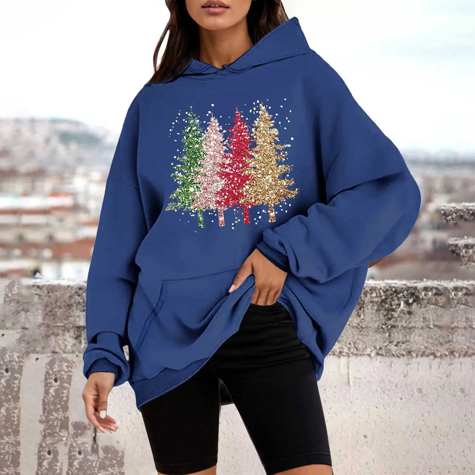 Loose Pullover Four Christmas Tree Crewneck New Autumn Hoodie Hoodies-L