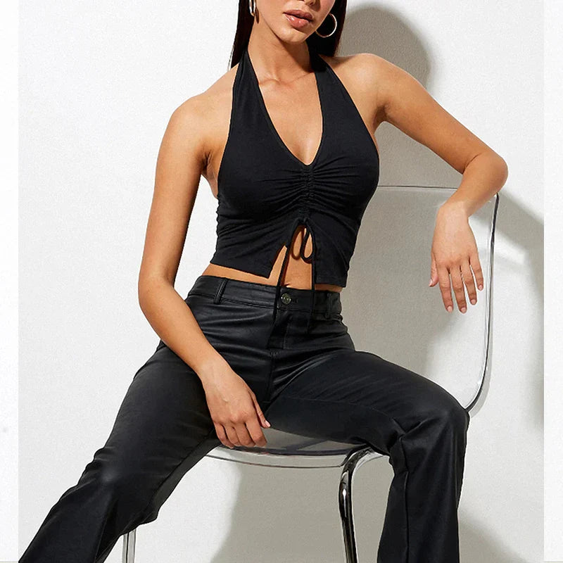Fashion Women Lace Up Halter Black Sleeveless Drawstring Slim Fit Crop Club Summer Camis Streetwear