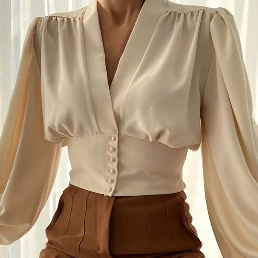 Slim Fit V Neck Cropped Lantern Blouse Khaki / M blouse-250126