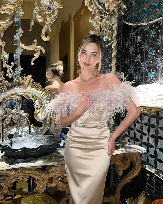 Feather Satin Off-Shoulder Party Dress Apricot / S Partydress-241208