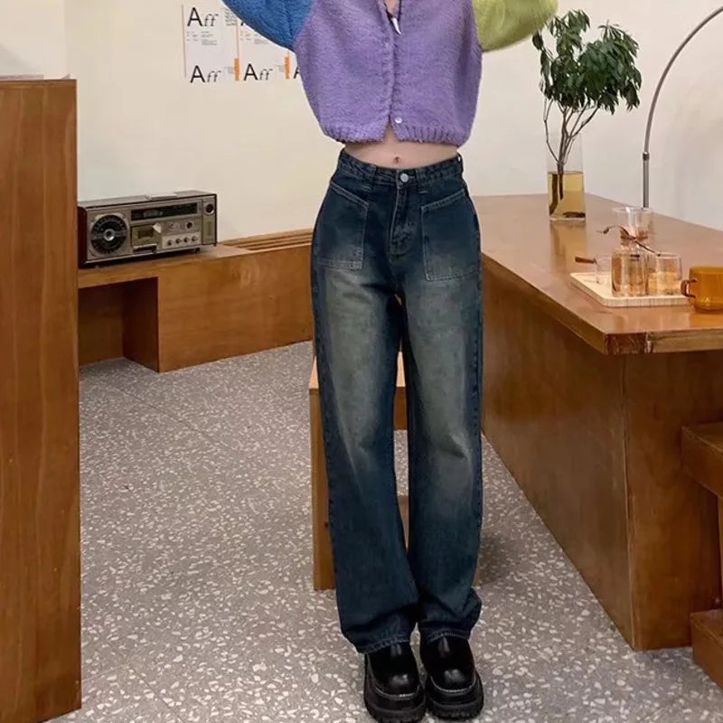 Fashion Straight Women Pant Woman High Waist Denim Pants Wide Leg Clothing Blue Vintage Quality Jean