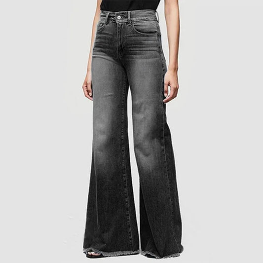Flare Women High Waist Slim Vintage Fashion Streetwear Stretch Casual Full Length Loose Wide Leg