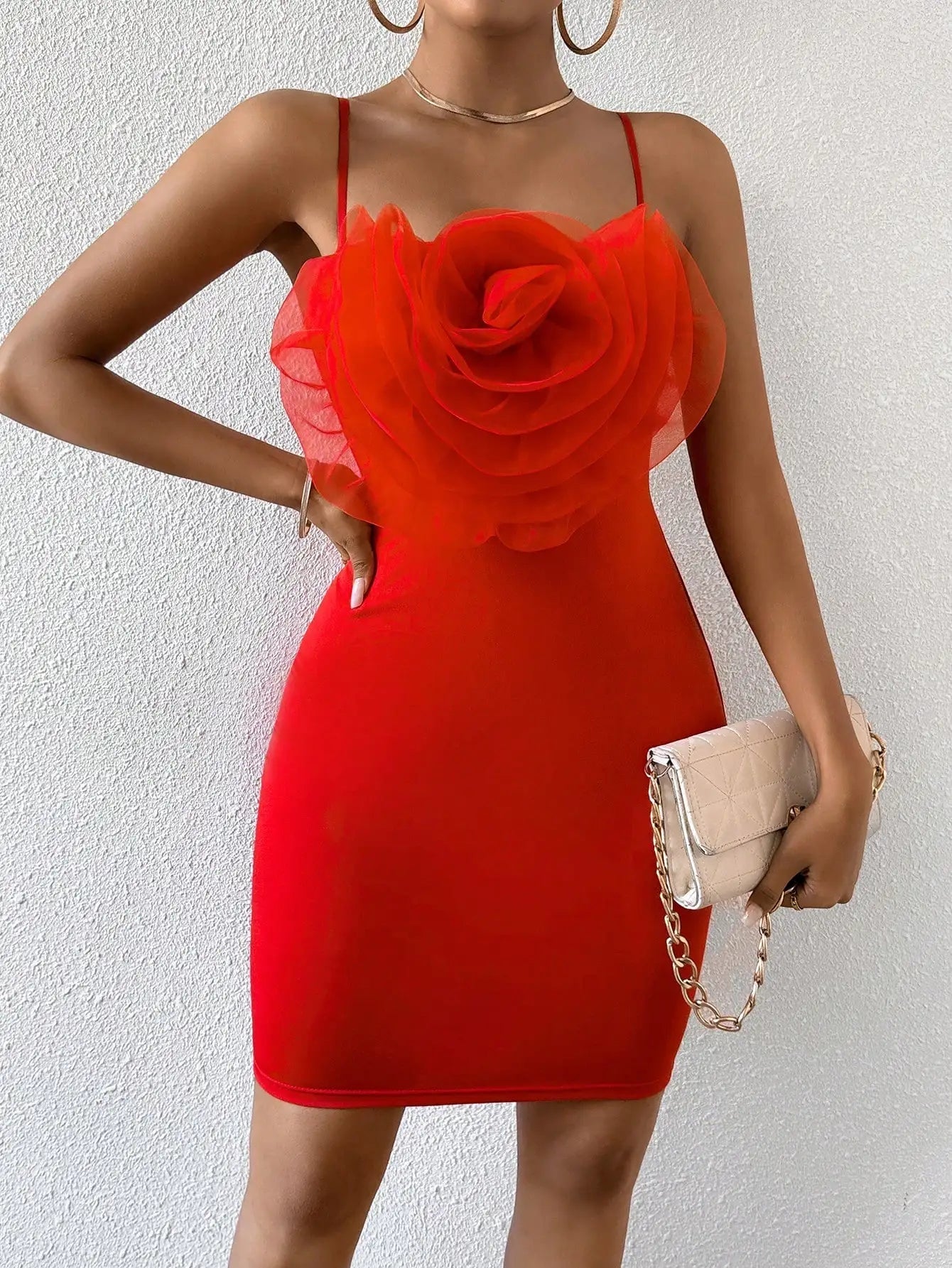 Floral Cami Braces Backless Red Christmas Party Dress Dresses-L