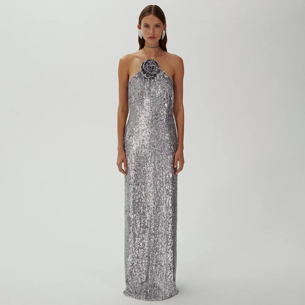 Silver Sequin Backless Evening Party Dress Partydress-241208