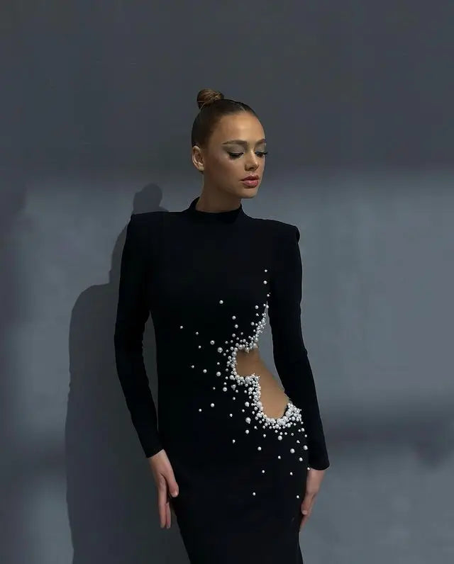 Beaded Pearl Long Sleeve Party Dress Partydress-241208