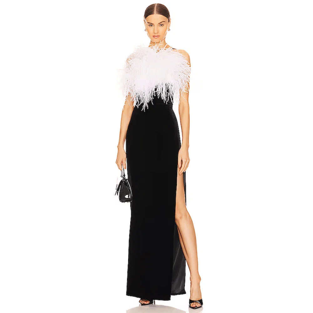 Feather Split Maxi Party Dress Black / Xs Partydress-241208