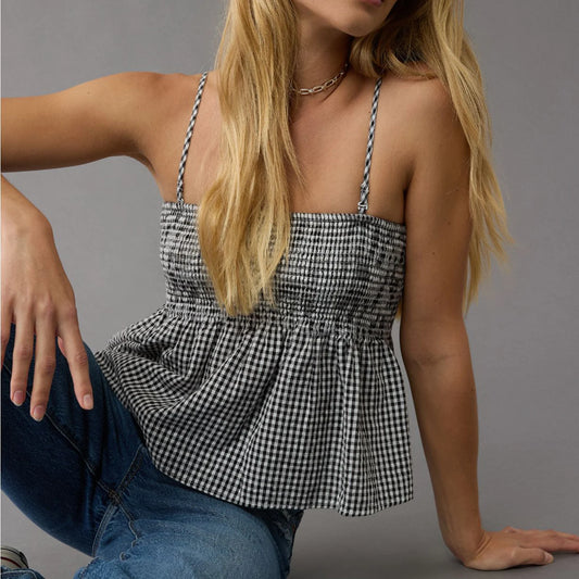 Haut court à basque vichy smocké