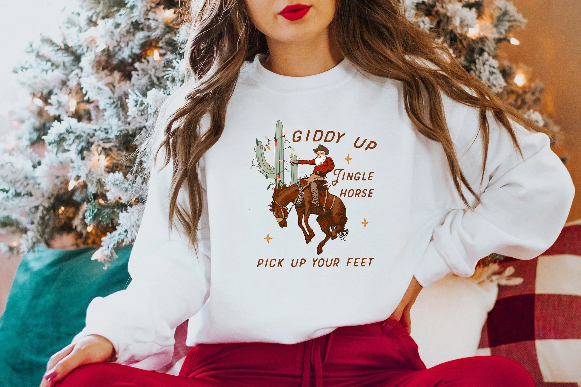 Cute Giddy Up Jingle Horse Cotton Slogan Christmas Hoodie White / S Hoodies-L