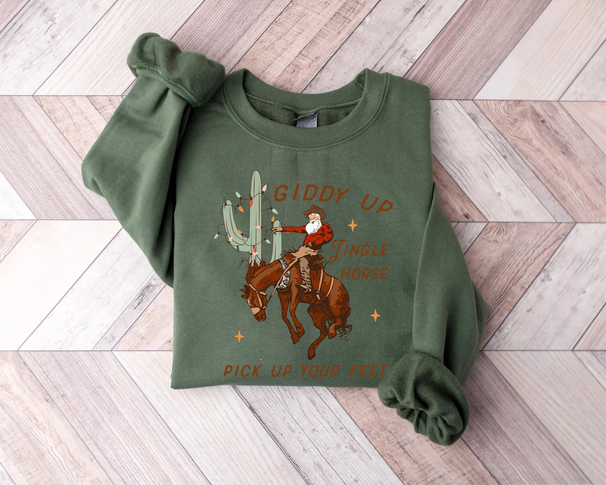 Cute Giddy Up Jingle Horse Cotton Slogan Christmas Hoodie Green / S Hoodies-L