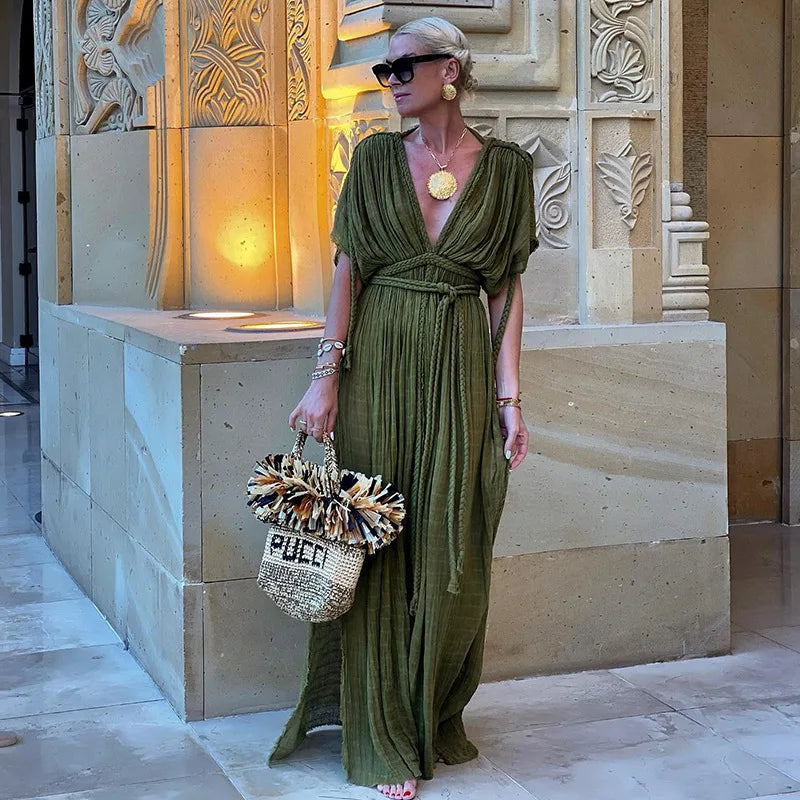 Bohemia Holiday Dress Elegant Solid Casual Loose Long Dresses Summer Christmas Party Green / One