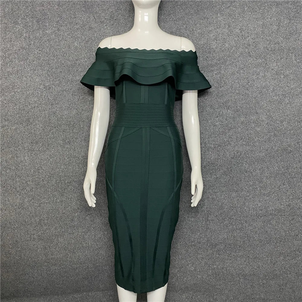 Green Ladies Bandage Dress Ruffles Slash Neck Bodycon Knee-Length Christmas Party Dresses-L
