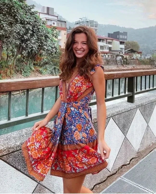 Floral Print Rayon Wrap Short Sleeve Sexy Vacation Mini Boho Dress Navy / S bohodress-250126