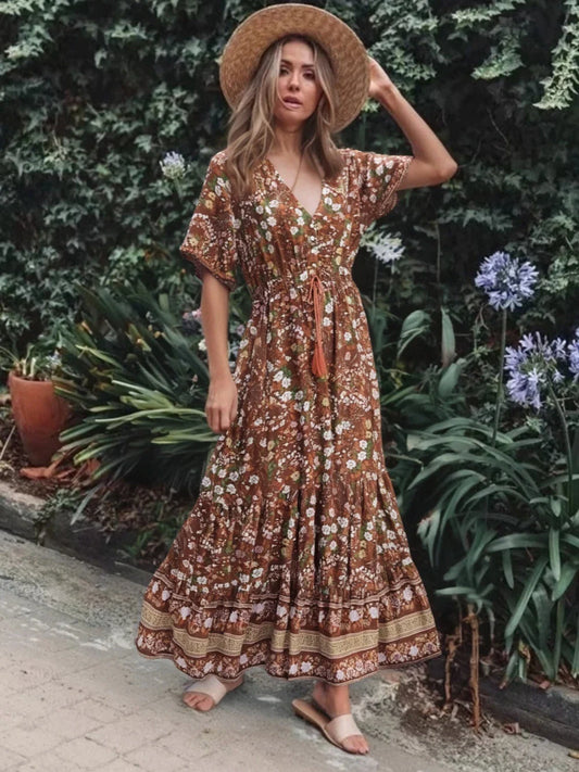 Floral V-neck Rayon Boho Dress Brown / S bohodress-250126