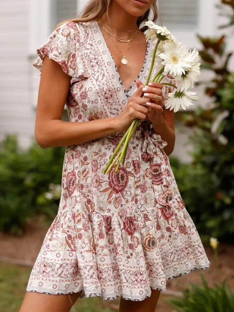 Green Floral Deep V-neck Boho Sundress bohodress-250126