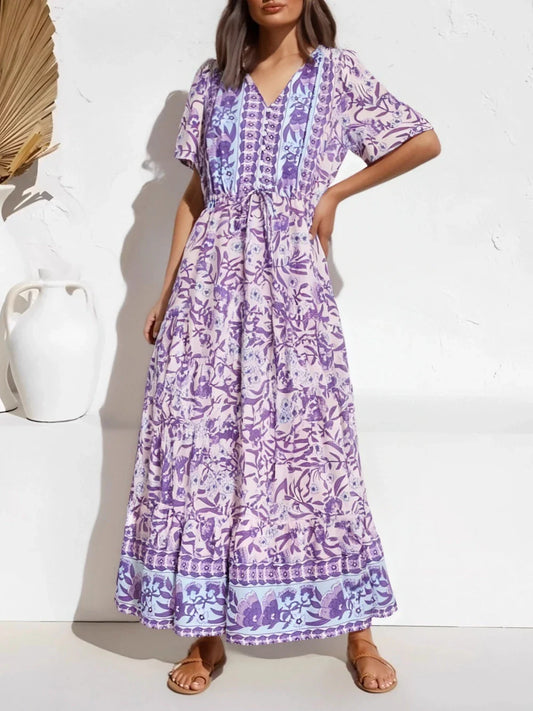 Purple Floral Print Button V-neck Pleated Rayon Maxi Boho Dress PURPLE / S bohodress-250126
