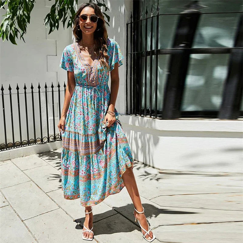 Red Floral Print Bat Sleeve Tassel V-neck Summer Boho Dress bohodress-250126
