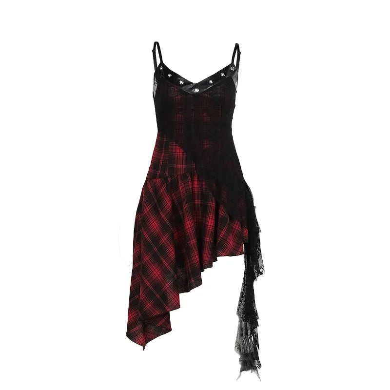 Harajuku Gothic Plaid Y2K 2000S Lace Patchwork Spaghetti Strap Streetwear V-Neck Dress