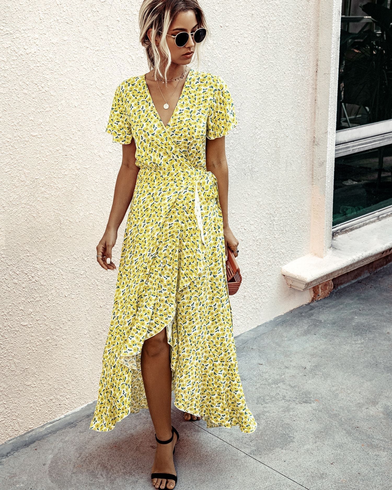Pink Polka Dot V-Neck Ruffle Short-Sleeved Beach Vacation Summer Dress Dresses