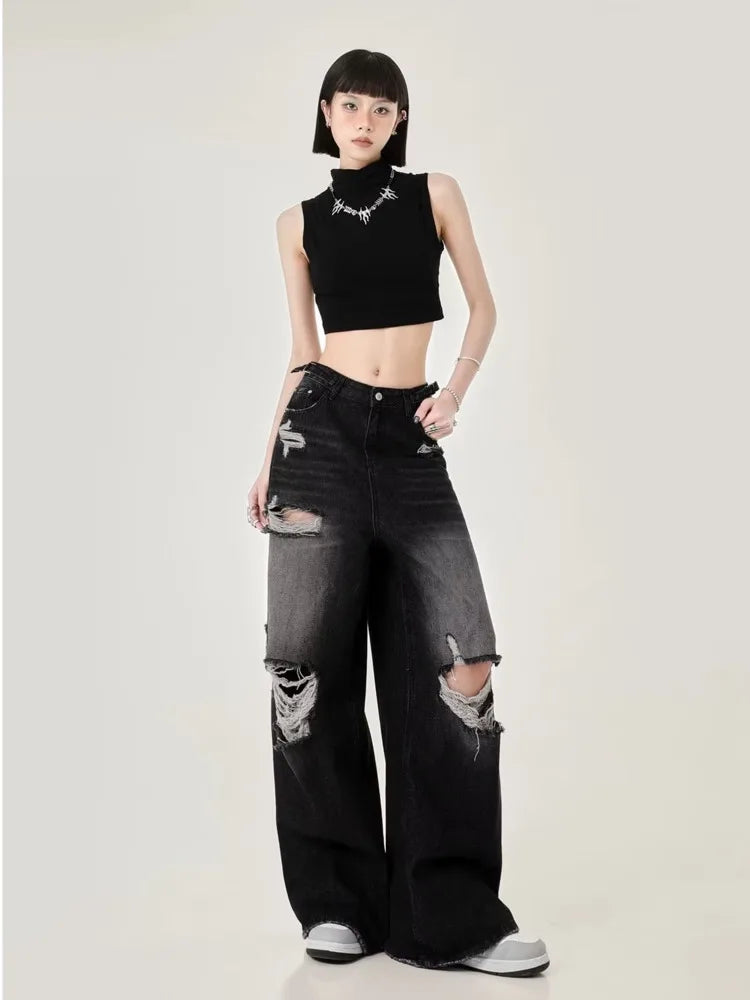Perforated Women’s Summer New Ins Fashion Brand Straight Tube Loose Sweeping High Street Jean