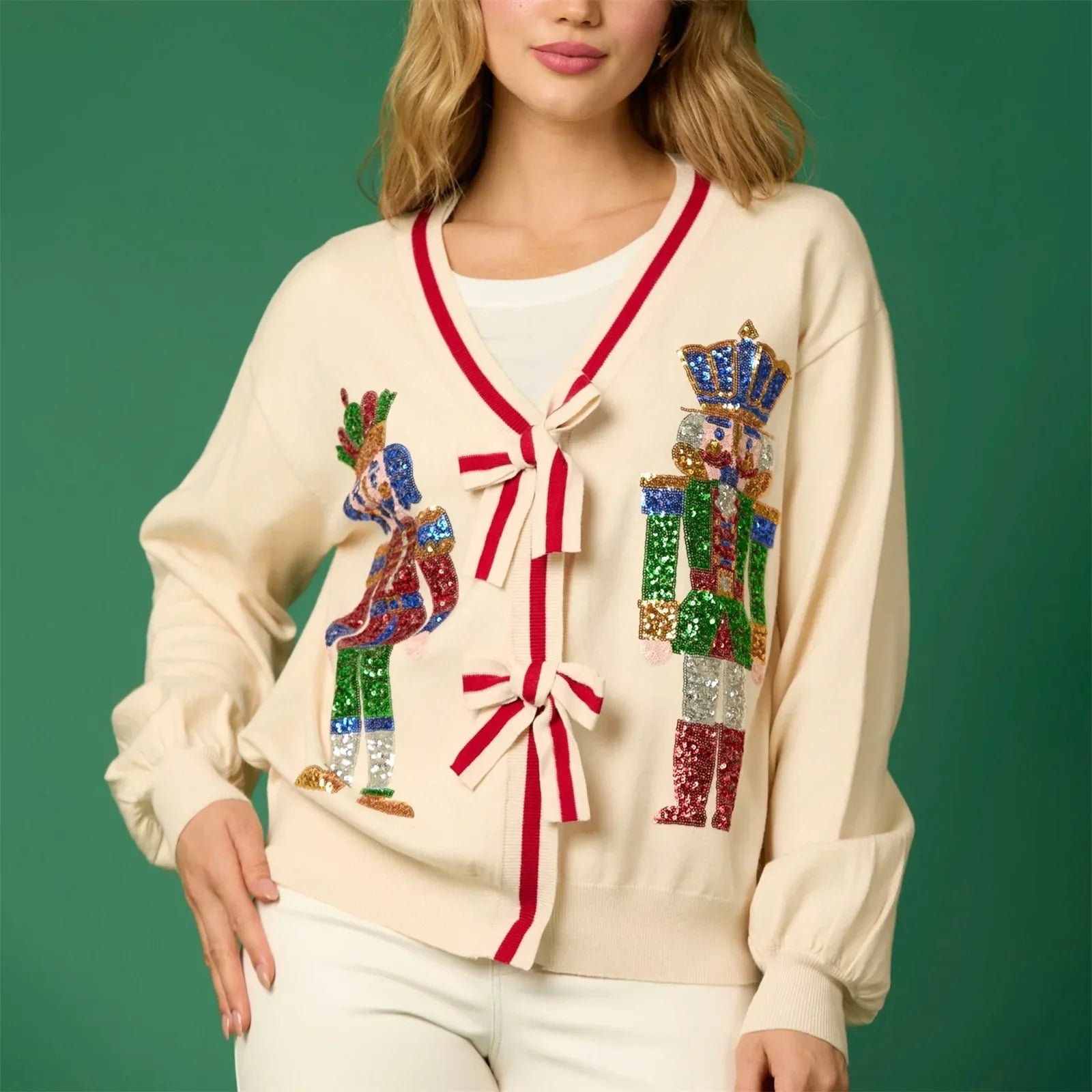 Sequin Christmas Nutcracker V-Neck Cardigan Beige / S Cardigan-241208