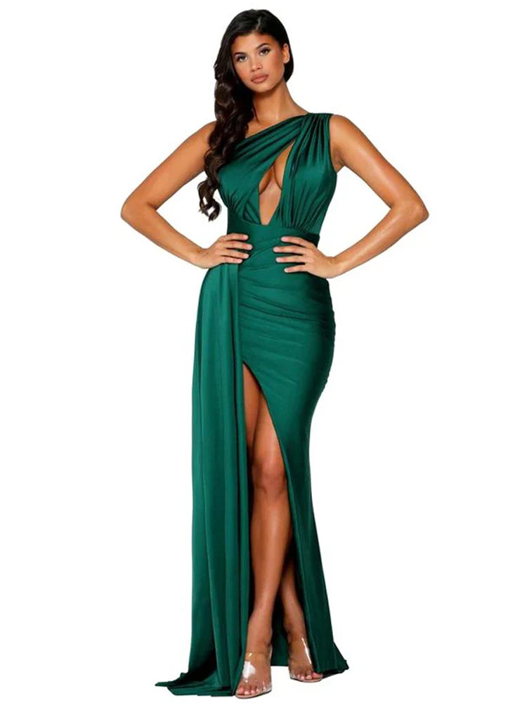 One-Shoulder Satin Hollow Out Party Dress Green / Xs Partydress-241208