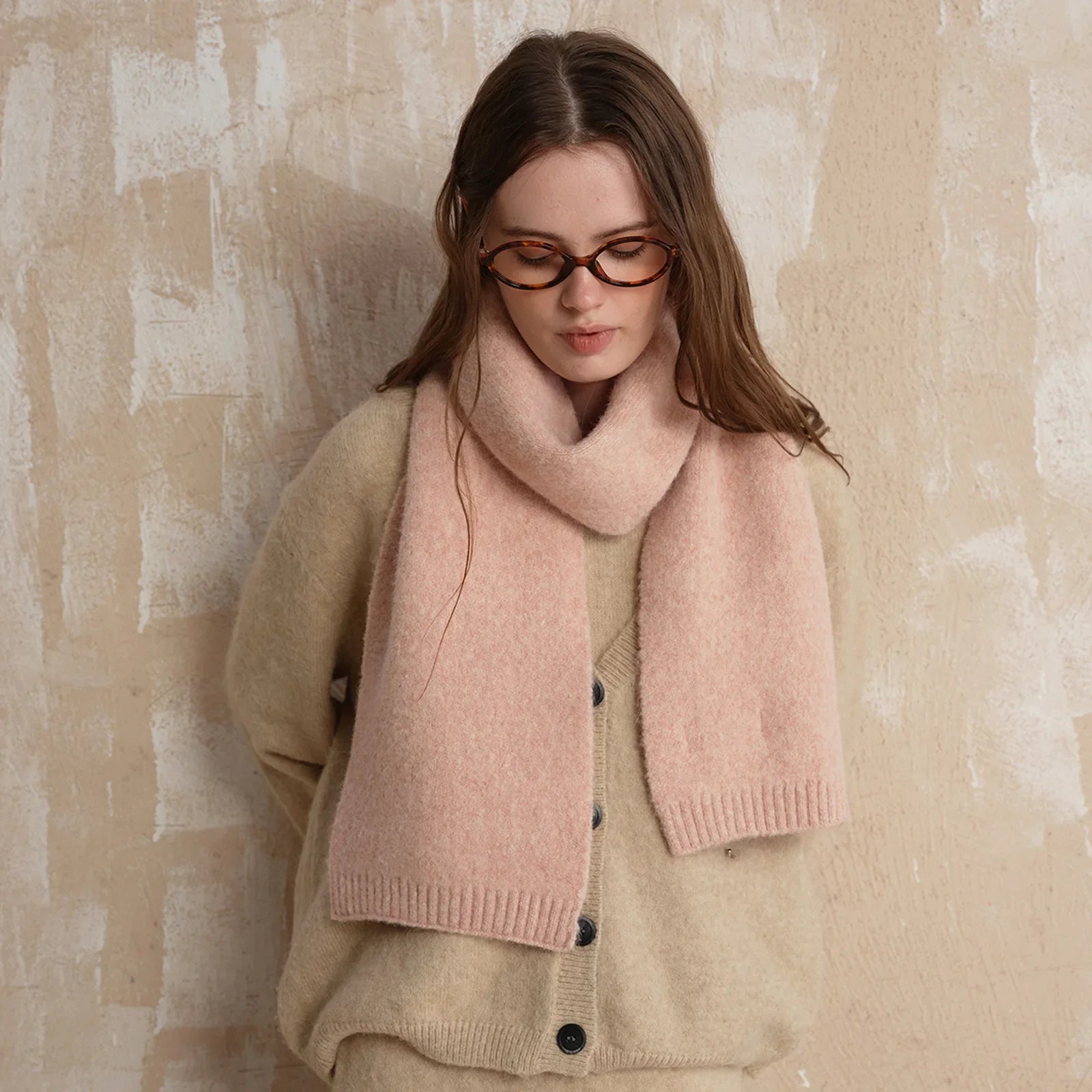 Soft Wool Blend Solid Color Winter Scarf Pale Pinkish Pink / L157Cm W22Cm Scarfs-L