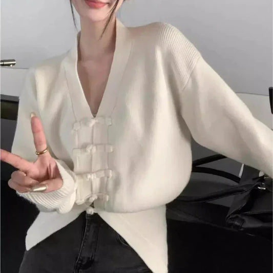 V-neck Buckle Long Sleeve Cardigan