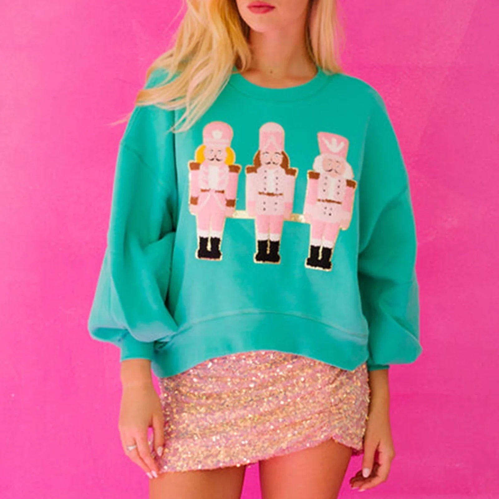 Funny Imcute Sequin Nutcracker Graphic Long Sleeve Christmas Hoodie Blue / S Hoodies-L