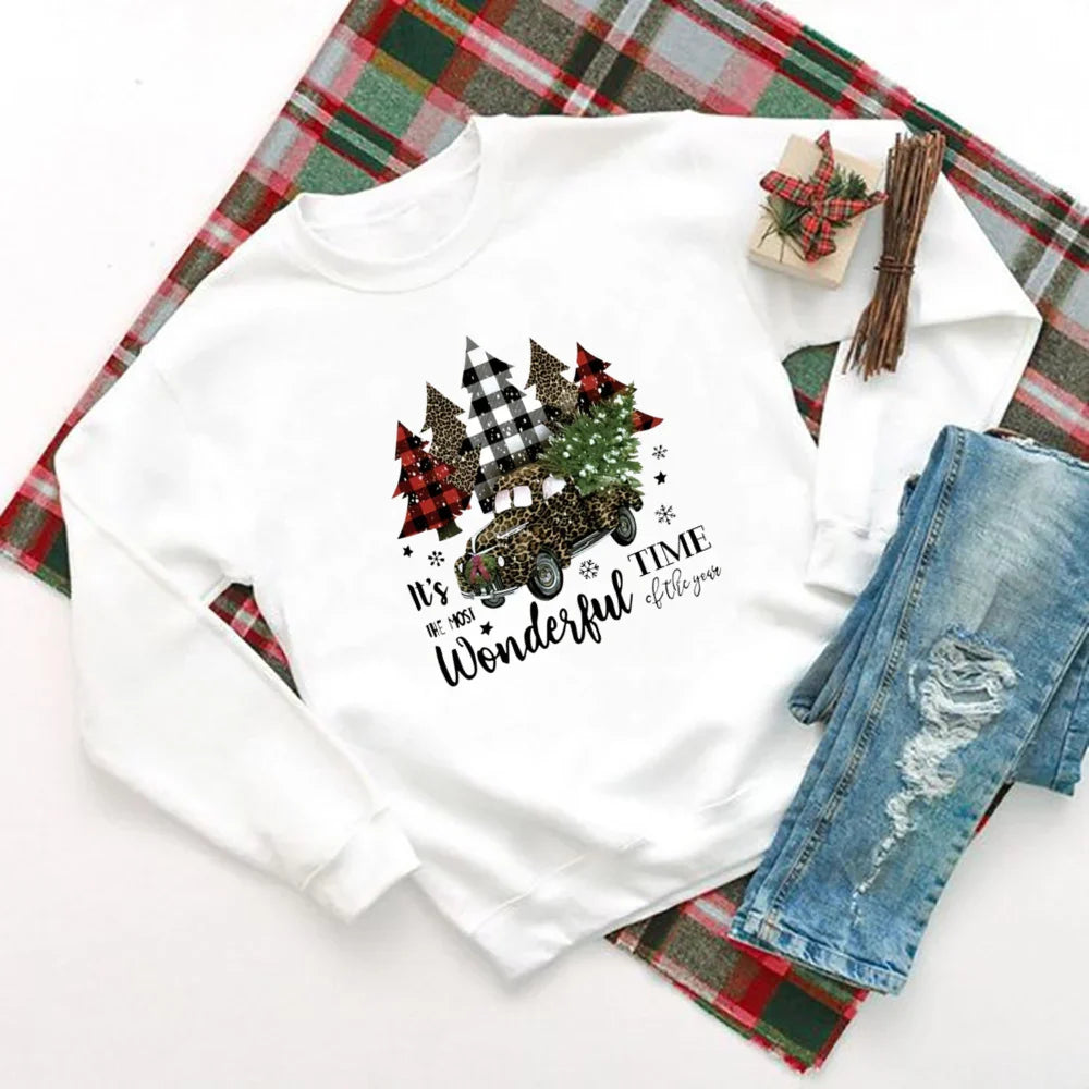 Wonderful Time Printed Party Holiday Sweater Xmas Outfit Christmas Hoodie White 1 / S Hoodies-L