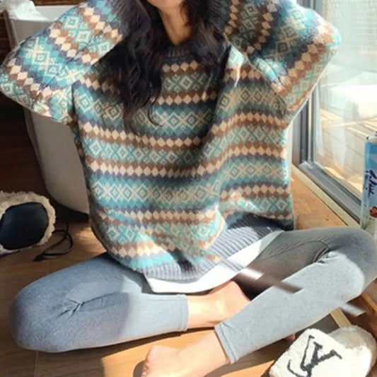 Japanese Retro Jacquard Striped High-end Sweater Blue / S