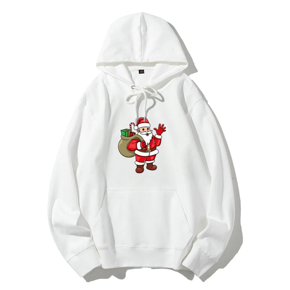 Jolly Santa Claus Cartoon Print Long Sleeve Chic Christmas Hoodie White / S Hoodies-L