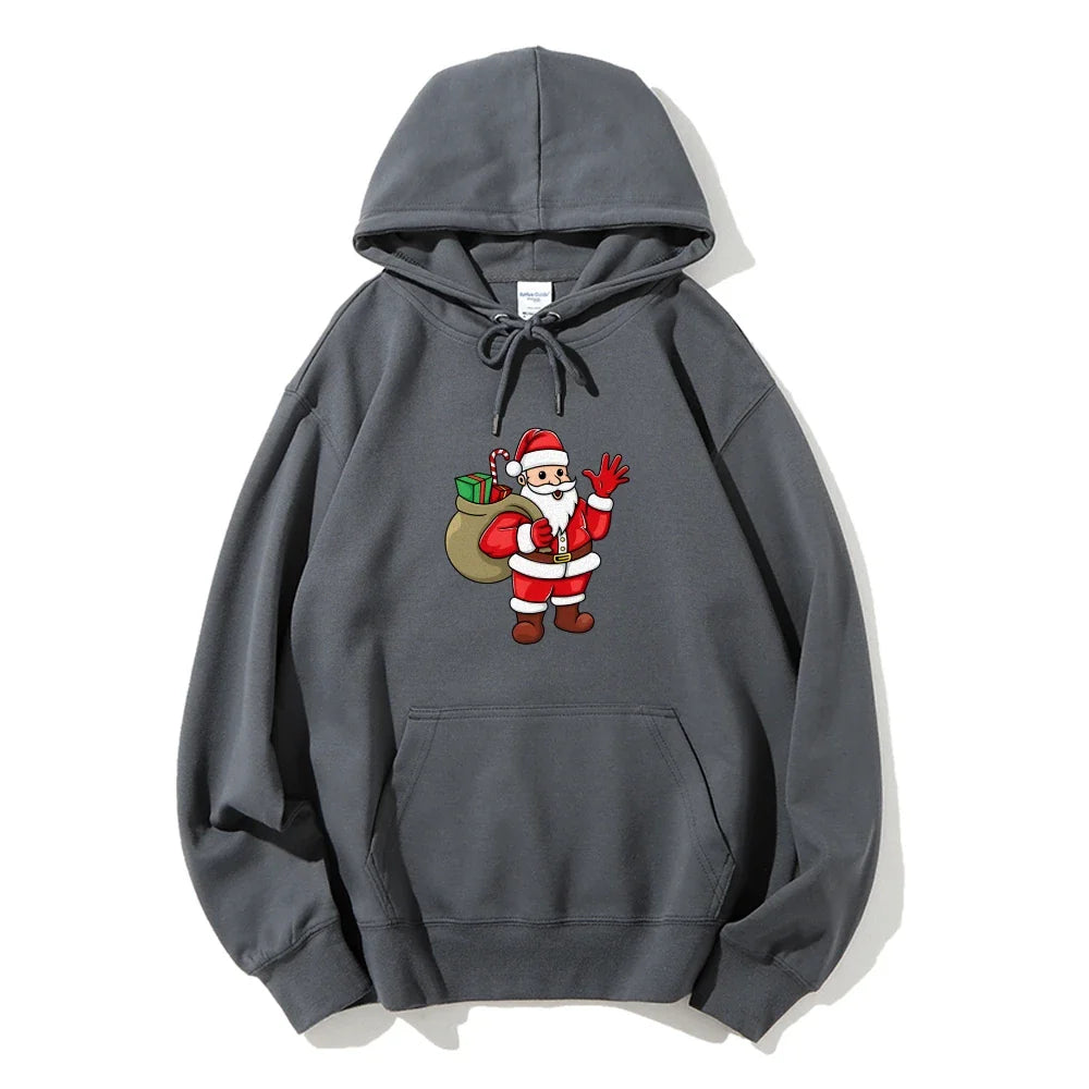 Jolly Santa Claus Cartoon Print Long Sleeve Chic Christmas Hoodie Gray / S Hoodies-L