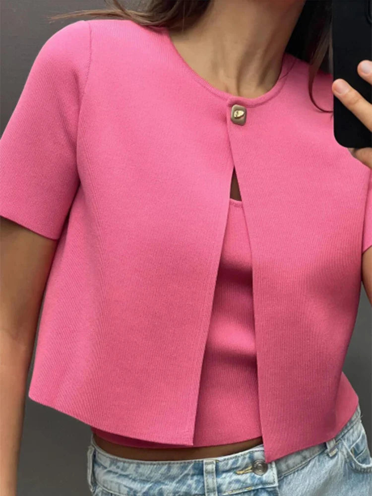 Elegant One Button Red Short Sleeve Cardigan 01 Rose / S Cardigan-241208