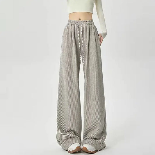 Korean Stripes High Waist Drawstring Pants oatmeal / S