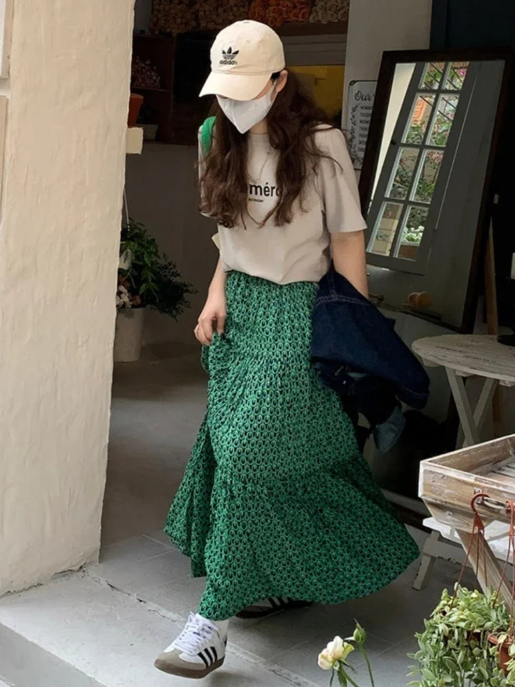 Korean Style Casual Classic Ladies Maxi Floral Skirt Loose A-line skirt-250126