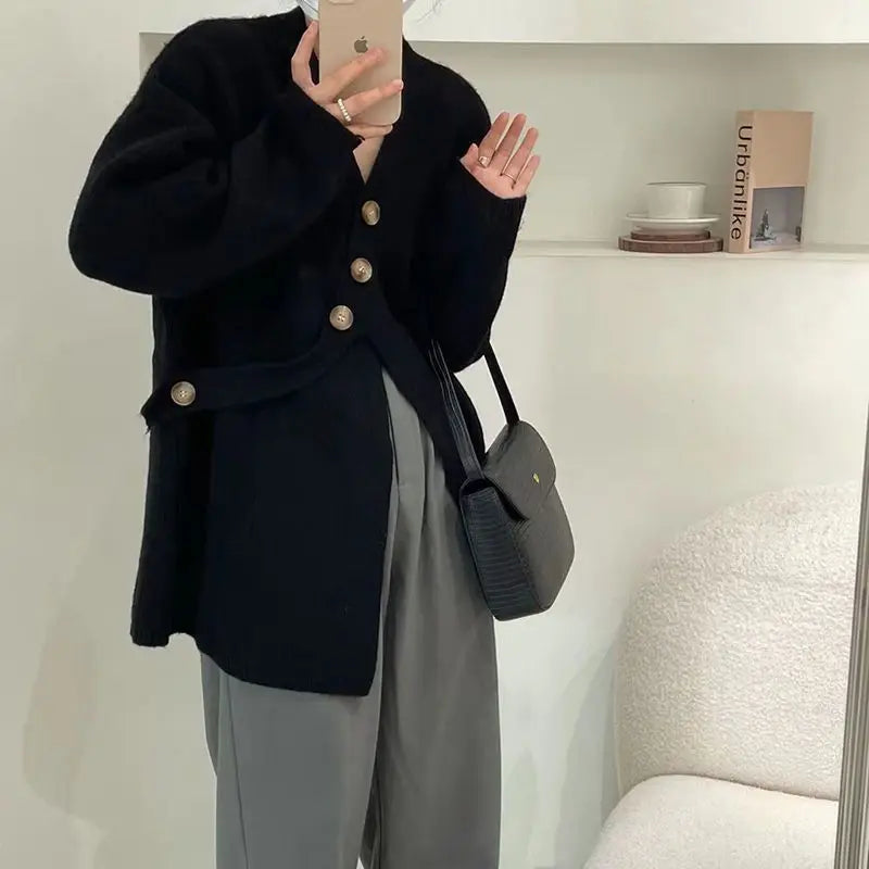V-Neck Solid Simplicity Office Lady Autumn Knit Cardigan Black / S cardiagn-250126