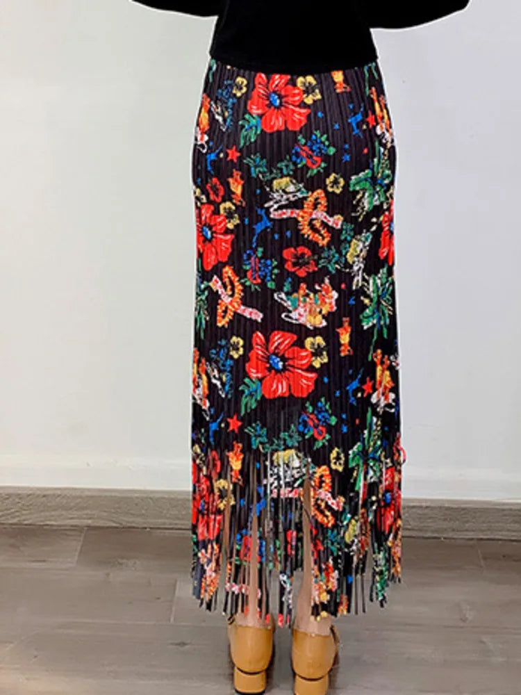 Fashion Printed Flower Tassels High Elastic Waist Skirt Black / One Size skirt-250126