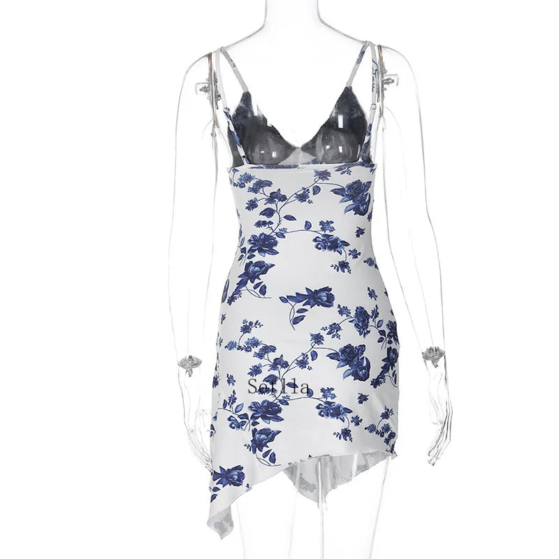 Lace Detail Print Slip Mini Dress