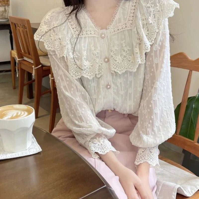 Lace Ruffle Edge Long Sleeve Blouse Sweet Blouse blouse-250126